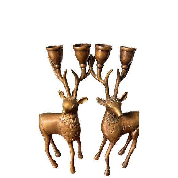 Vintage Pair Solid Brass Reindeer Candle Holders Christmas Holiday Decor - Picture 9 of 11
